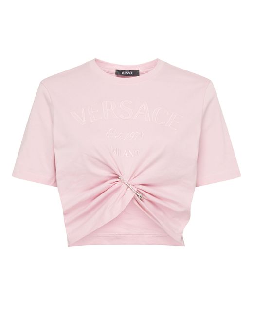 Versace Pink Milano Logo Embroidered Jersey T-shirt