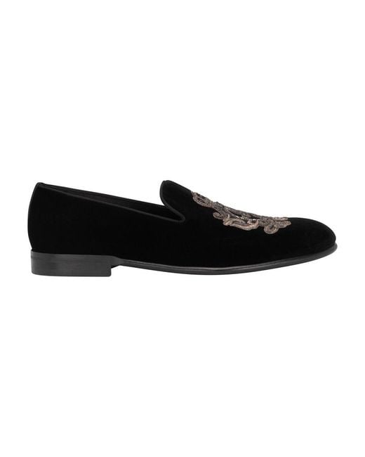 Dolce & Gabbana Black Velvet Slippers With Coat Of Arms Embroidery for men