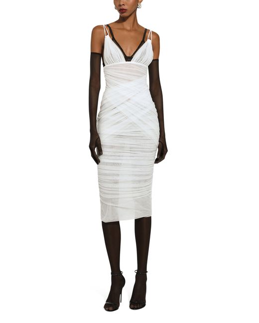 Dolce & Gabbana White Wadenlanges drapiertes Kleid aus Tüll