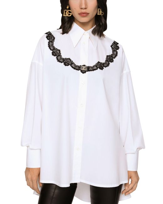 Dolce & Gabbana White Oversize Poplin Shirt With Lace Inserts