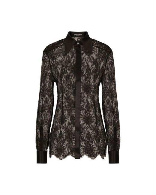 Dolce & Gabbana Black Chantilly Lace Shirt With Satin Details