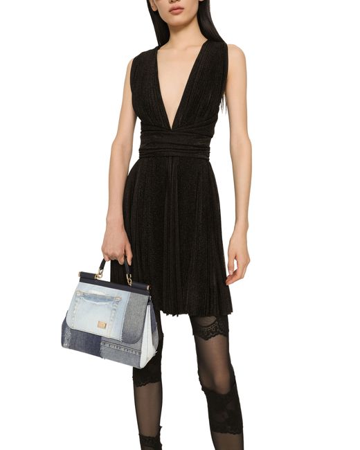 Dolce & Gabbana Black Kurzes Kleid aus plissiertem Lurex-Mesh
