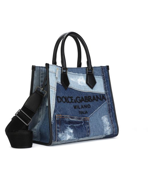 Dolce & Gabbana Blue Denim Patchwork Edge Shopper With Logo for men