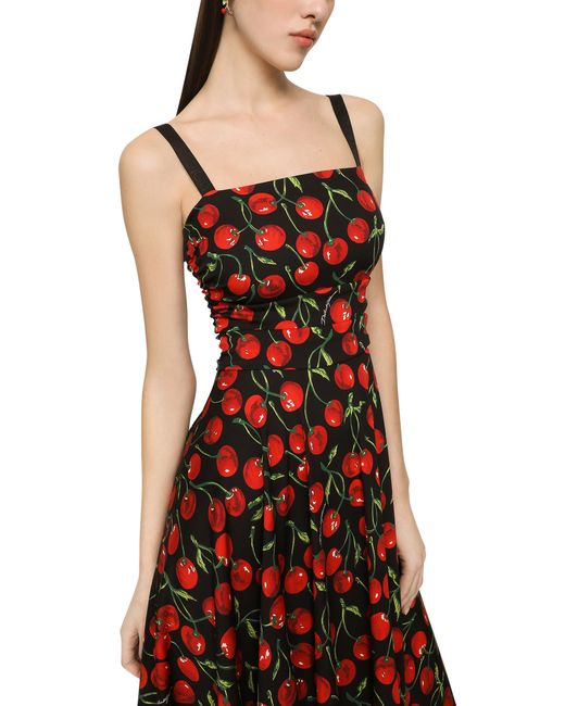 Dolce & Gabbana Red Long Dress In Cherry Print Charmuse
