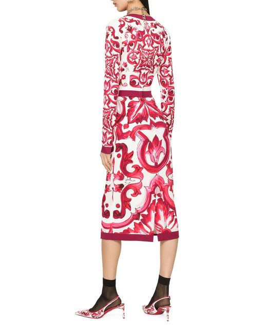 Dolce & Gabbana Red Midi Silk Dress With Maiolica Motif