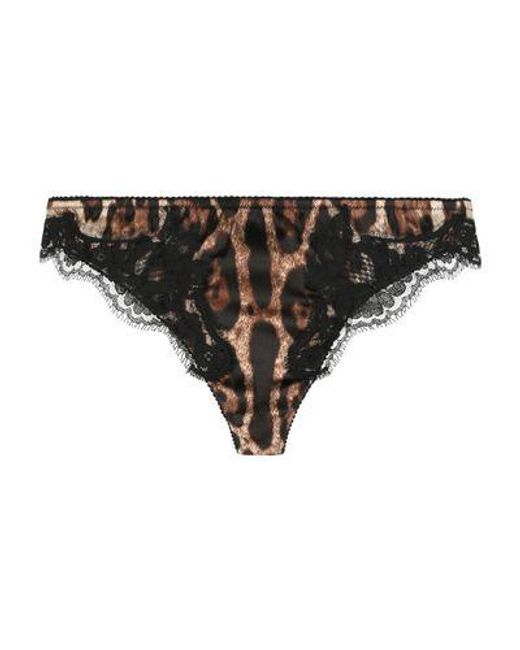 Dolce & Gabbana Black Leopard-print Satin Thong With Lace Detailing