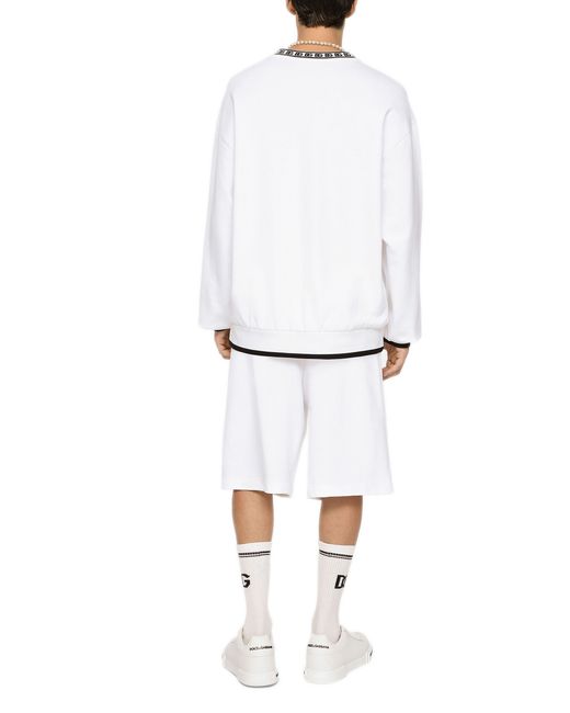 Dolce & Gabbana White Jersey Round-neck Sweatshirt With Dg Embroidery for men