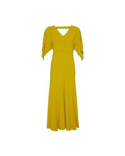 Victoria Beckham Yellow V-Neck Bias Godet Dress