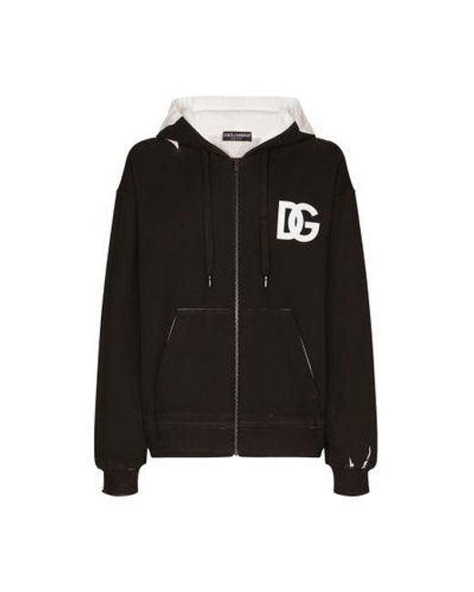 Dolce & Gabbana Black Dg Logo Print Jersey Hoodie With Zipper for men