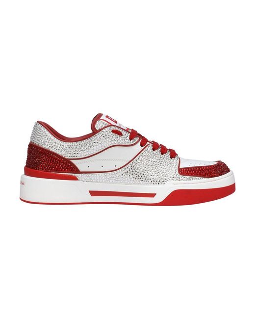 Dolce & Gabbana Red New Roma Calfskin Leather Sneakers With Thermoset Crystals for men