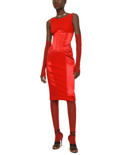 Dolce & Gabbana Red Longuette-Kleid Aus Satin Und Cady