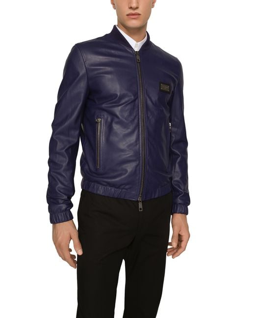 Dolce & Gabbana Blue Leather Jacket With Branded Tag for men