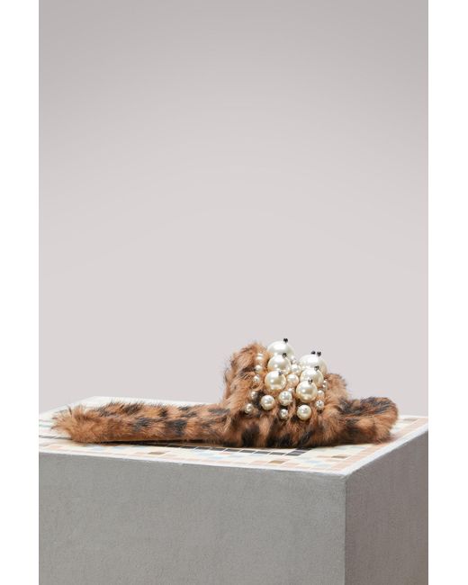 Miu Miu Brown Fur Slippers With Pearls Details