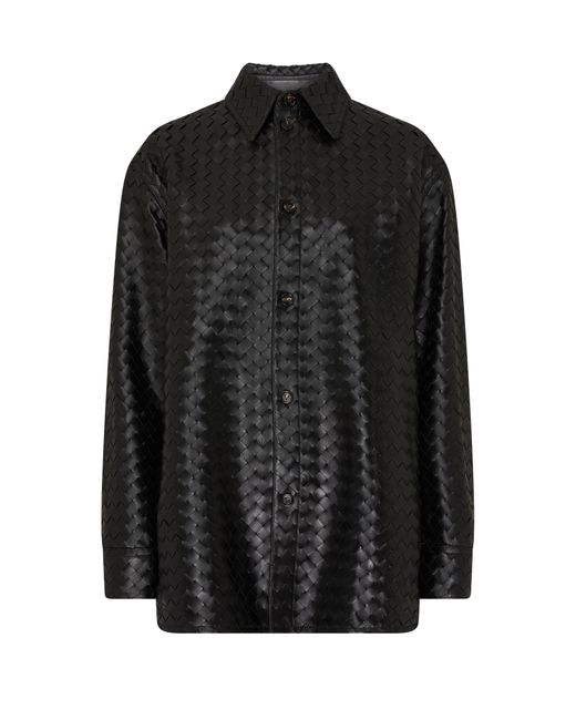 Bottega Veneta Black Intrecciato Casual Leather Shirt