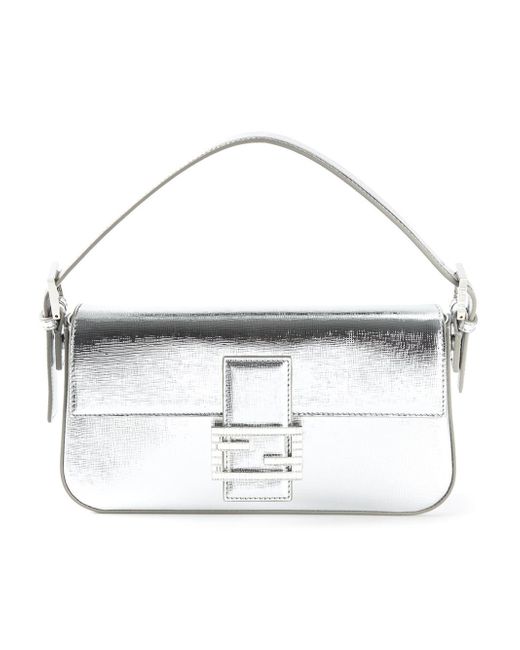 Fendi Metallic Silver Leather Crystal Logo Detail Baguette