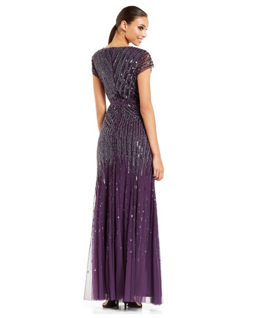 Adrianna Papell Purple Adrianna Petite Papell Cap-Sleeve Sequined Gown