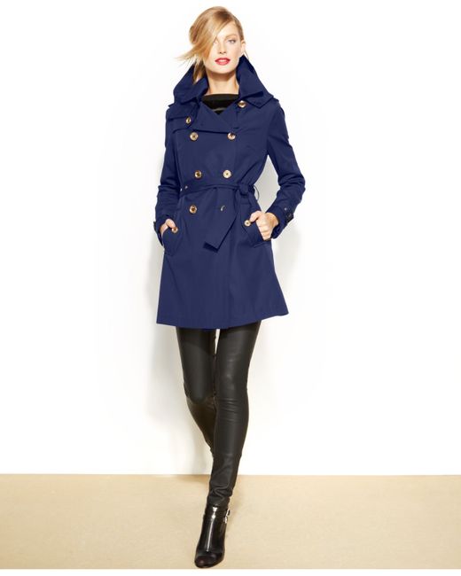 Michael Kors Blue Michael Petite Double-Breasted Trench Coat