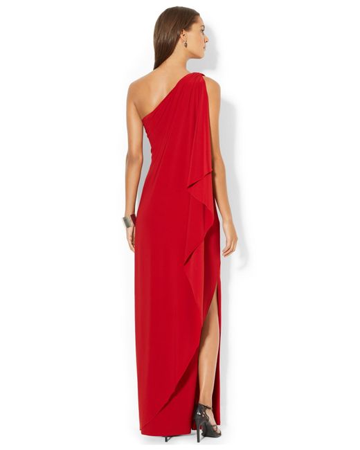 Lauren by Ralph Lauren Red One-Shoulder Draped Gown