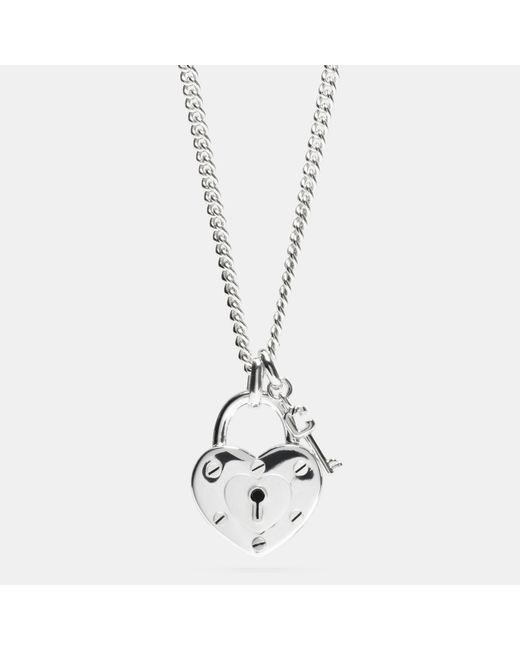 COACH Metallic Sterling Silver Padlock Heart Key Necklace