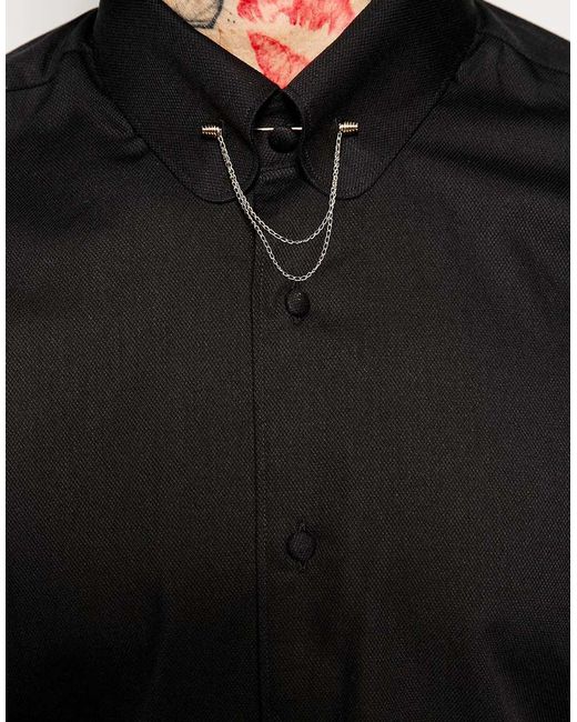 Noose And Monkey Black Shirt With Gold Collar Bar & Chain In Super Skinny Fit for men