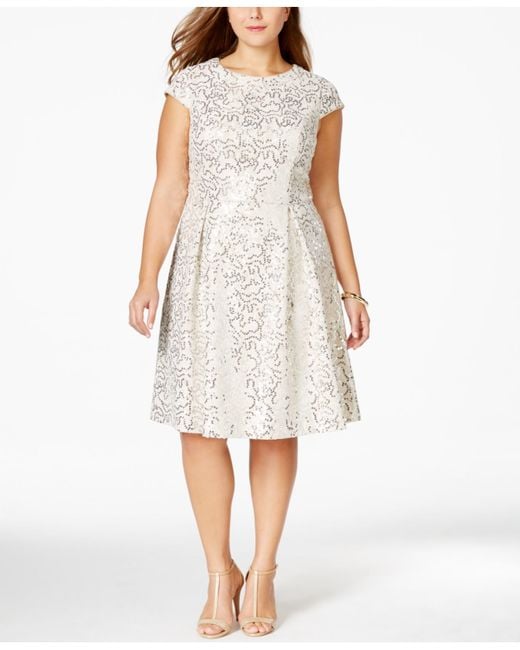 Calvin Klein Plus Size Sequined Flare Dress in White | Lyst