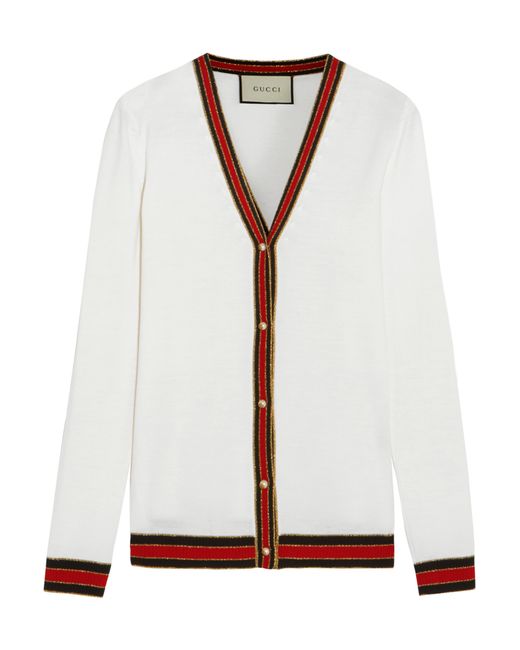 Gucci Striped Wool Cardigan in White | Lyst