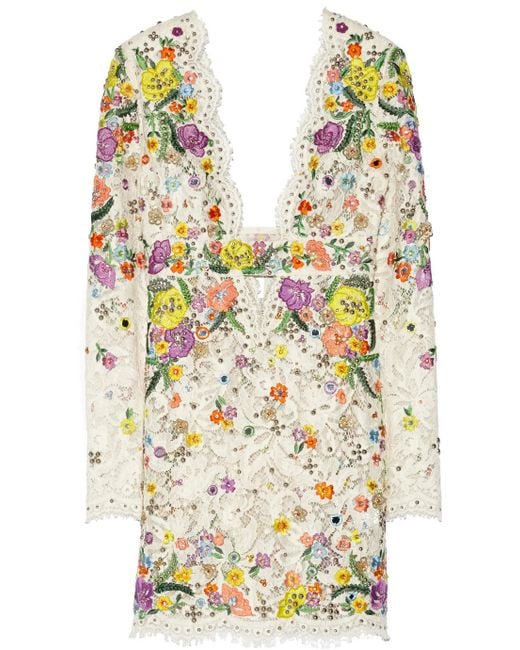 Emilio Pucci Floral Embroidery Embellished Lace Dress in White