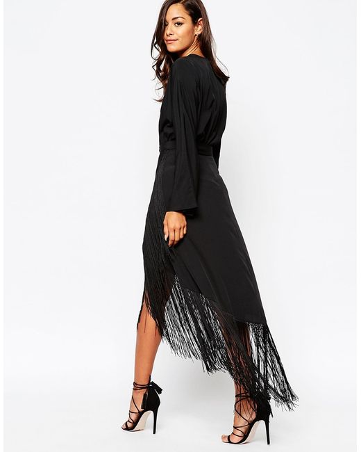 ASOS Fringe Deep Plunge Maxi Dress in Black Lyst
