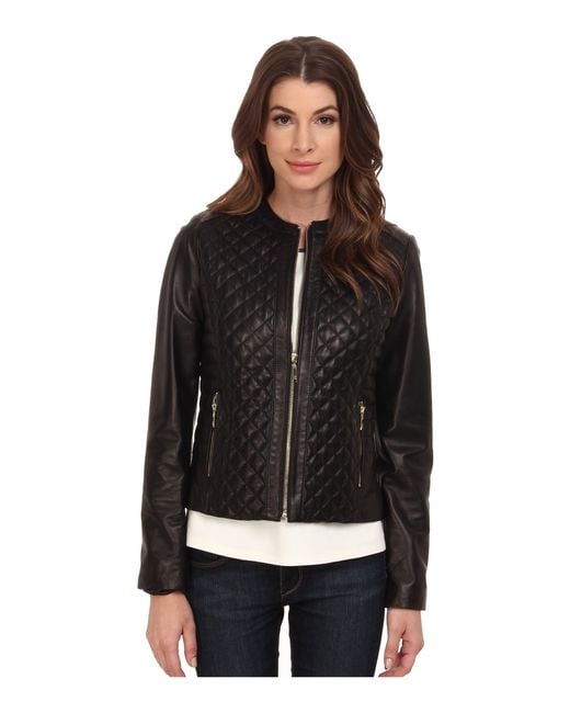 Cole Haan Black Collarless Moto Diamond Quilted Leather Jacket