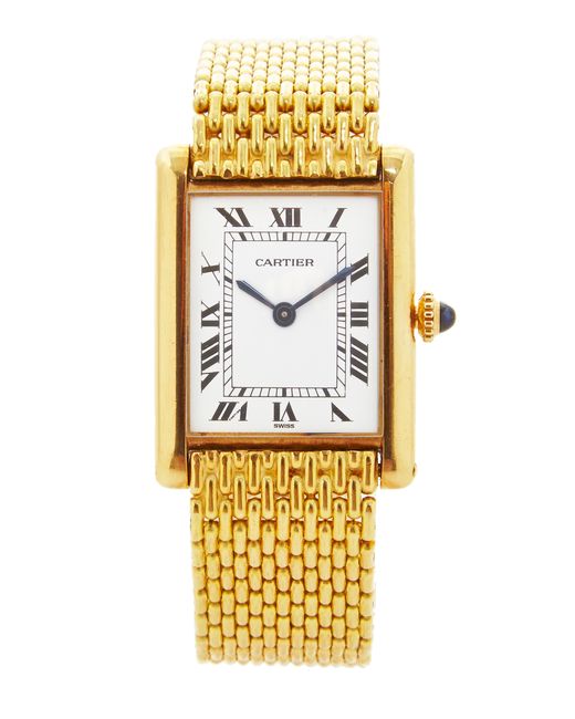 Camilla Dietz Bergeron Metallic Cartier Large Tank Watch in 18k Yellow Gold with Gold Mesh Band