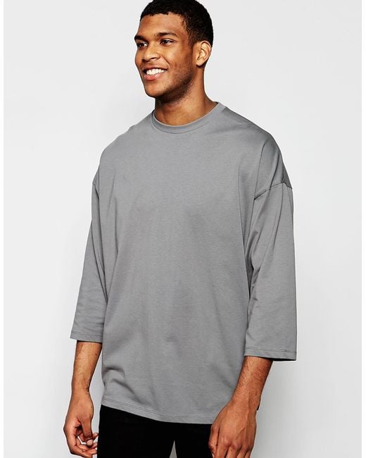 ASOS Gray Super Oversized 3/4 Sleeve T-shirt In Grey for men