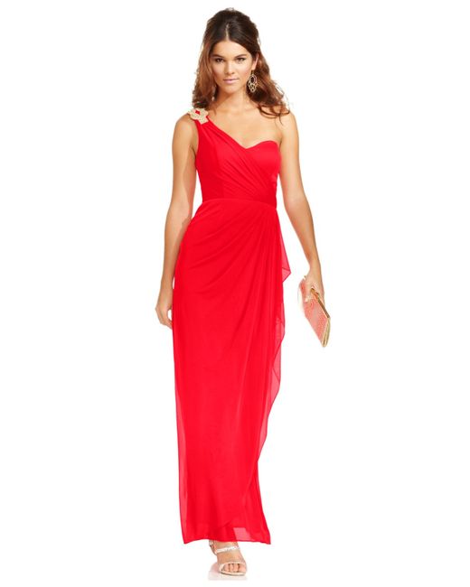 Xscape Red Petite Dress, Sleeveless One-Shoulder Jeweled Gown