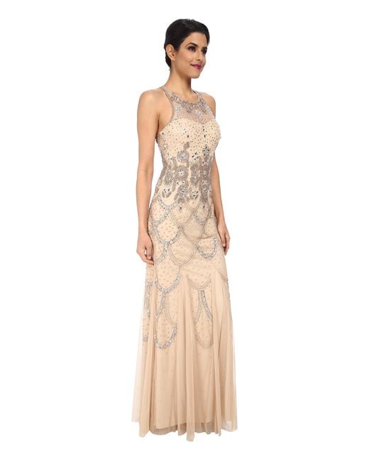 Adrianna Papell Natural Halter Fully Beaded Gown