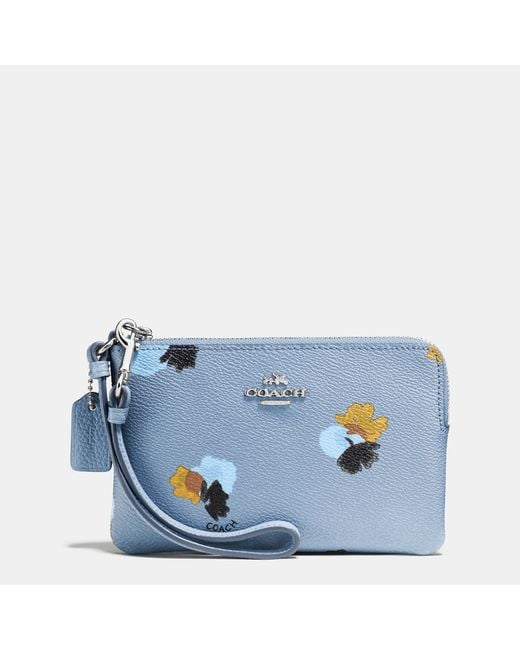 COACH Corner Zip Wristlet In Floral Print Coated Canvas in Blue | Lyst