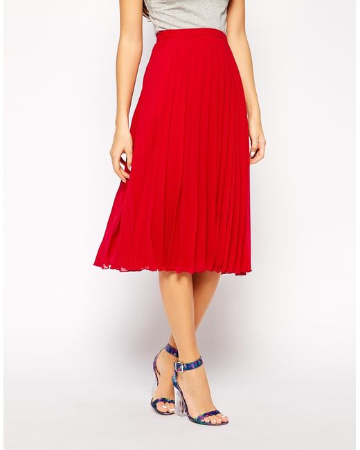 ASOS Midi Pleated Skirt in Red | Lyst Canada