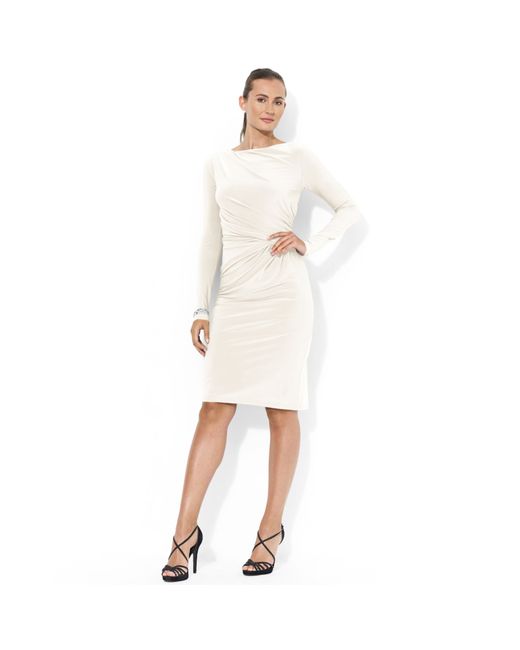 Lauren by Ralph Lauren Longsleeve Ruched Jersey Dress in White | Lyst