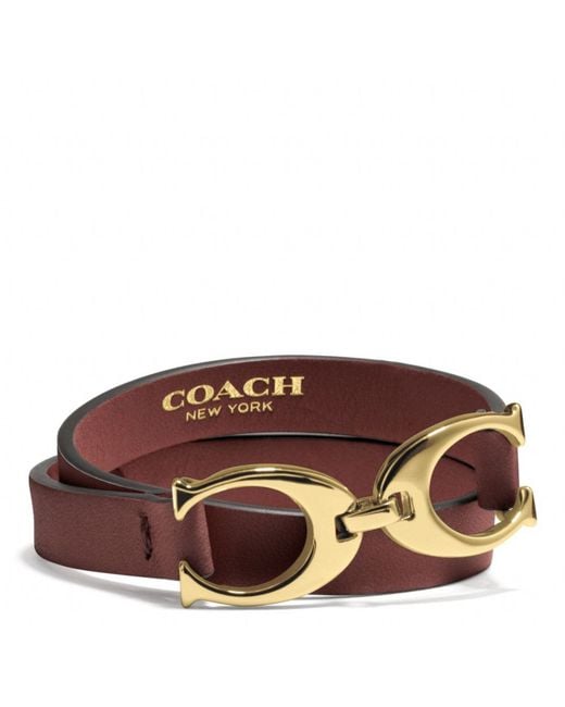 COACH Brown Twin Signature C Double Wrap Leather Bracelet