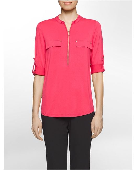 Calvin Klein Pink Zip Roll-up 3/4 Sleeve Top