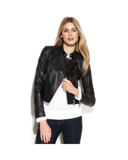 Michael Kors Michael Cropped Leather Moto Jacket in Black | Lyst