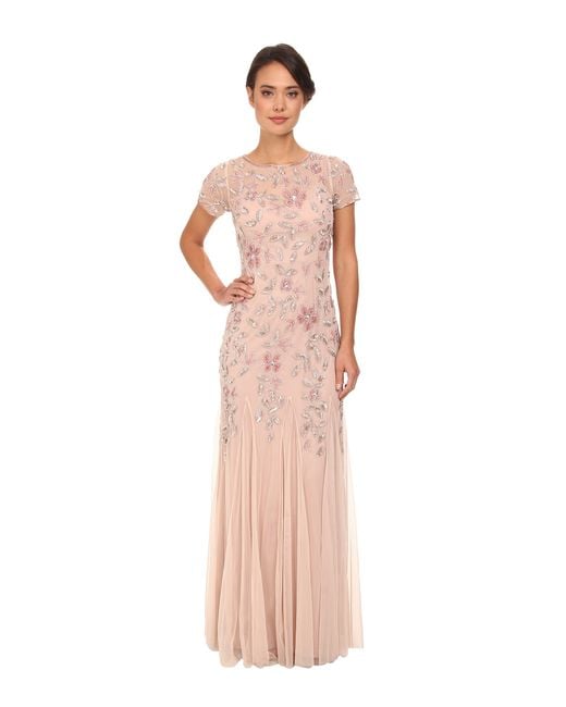Adrianna Papell Pink Floral Beaded Godet Gown