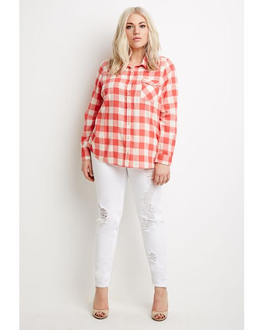 Forever 21 Plus  Size  Buffalo  Plaid  Shirt  in Red Red cream 