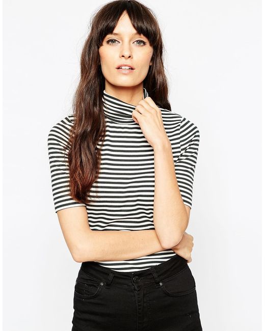 ASOS Black Turtle Neck Top In Stripe With Short Sleeve