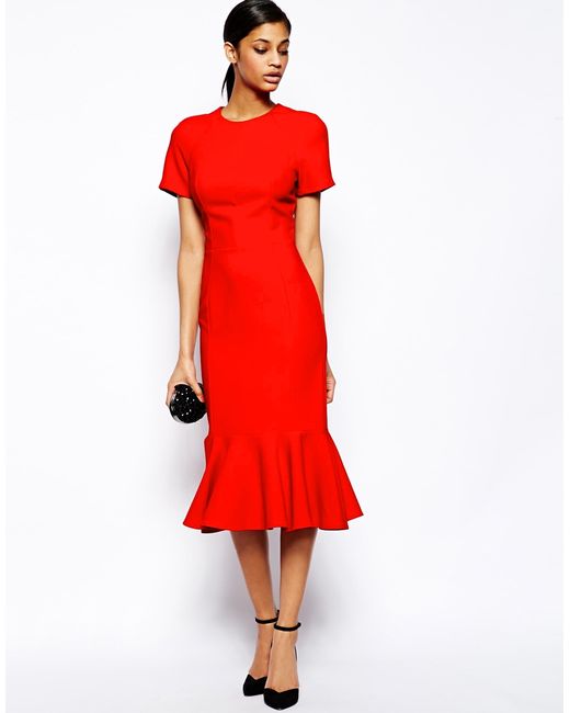 ASOS Red Midi Dress With Peplum Hem