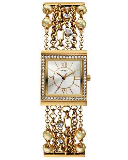Guess Women'S Imitation Pearl Gold-Tone Multi-Chain Bracelet Watch