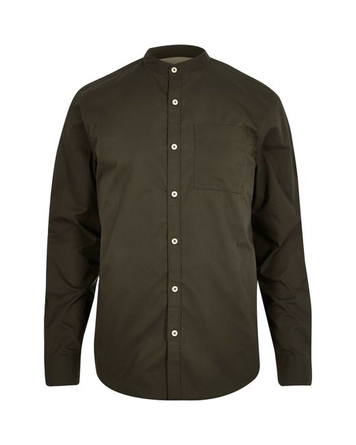 River Island Green Grandad Collar Twill Shirt for Men | Lyst UK