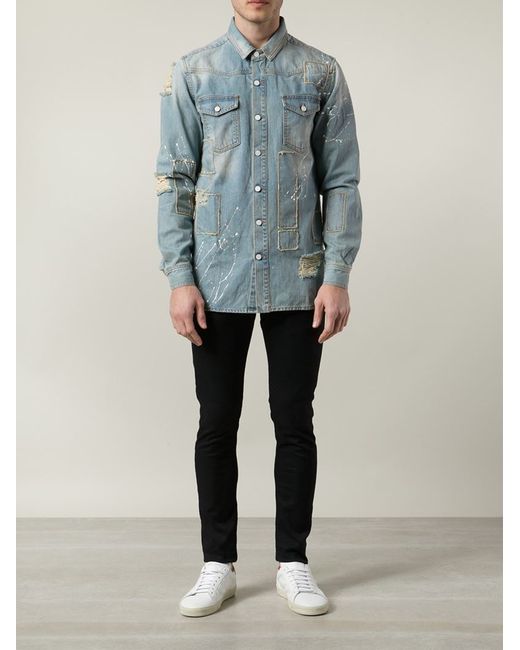 Off-White c/o Virgil Abloh Distressed Denim Shirt in Blue for Men