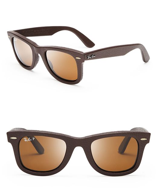 Ray-Ban Polarized Leather Wayfarer Sunglasses in Brown for Men | Lyst