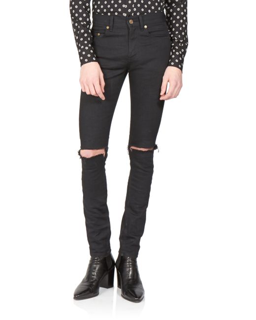 Saint Laurent Skinny Distressed Jeans in Black for Men | Lyst