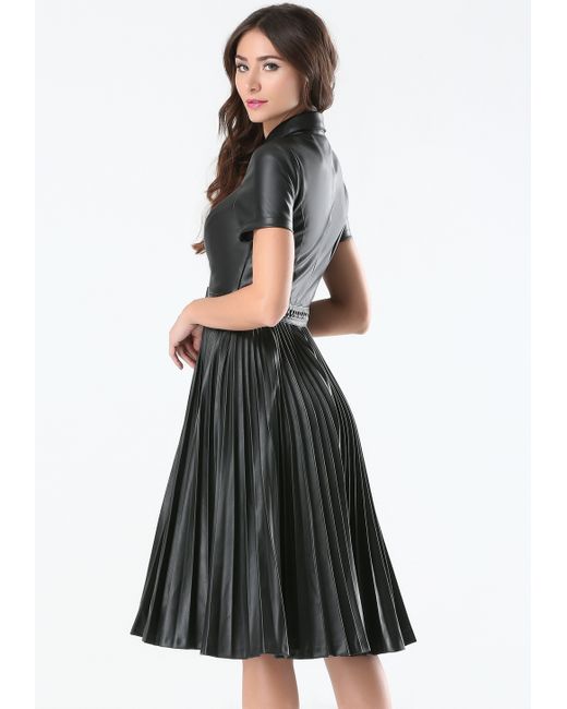 Bebe Faux Leather Pleated Dress in Black | Lyst
