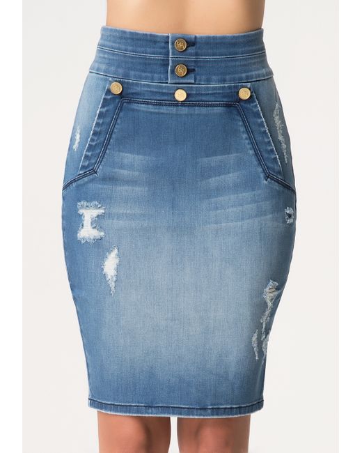 Bebe Denim Pencil Skirt in Blue | Lyst UK